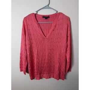 Ralph Lauren Black Label Sweater Women XL Pink Silk Cable Knit V Neck Pullover
